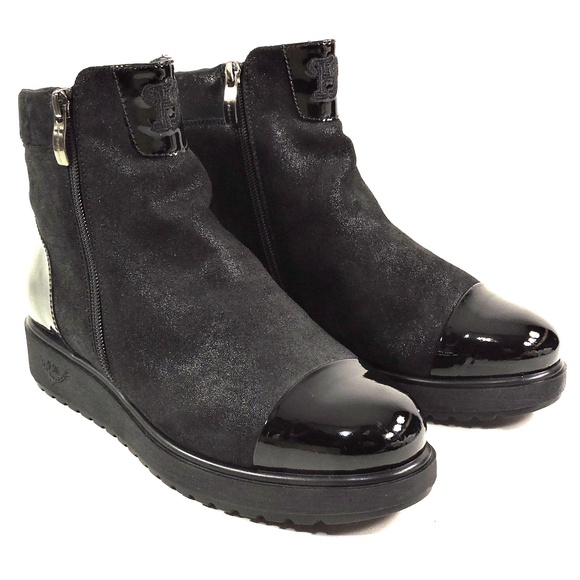 MARZETTI 🇮🇹 WOMEN'S BLACK SUEDE & PATENT LEATHER LAMB FUR COMFORT BOOTIE - Picture 2 of 7